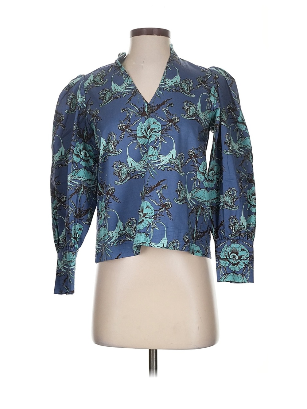 Rare Emily McCarthy Savannah Statement Puff Sleeve V-Neck Blouse Blue Floral XS